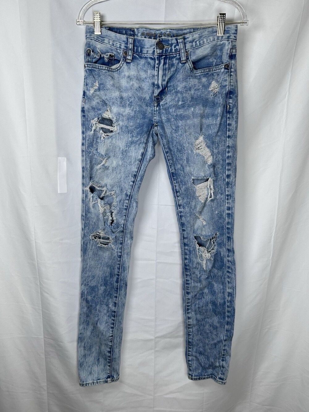 American Eagle Mens Flex Skinny Jean 28x34 Blue Acid Wash Destroyed Denim 4143